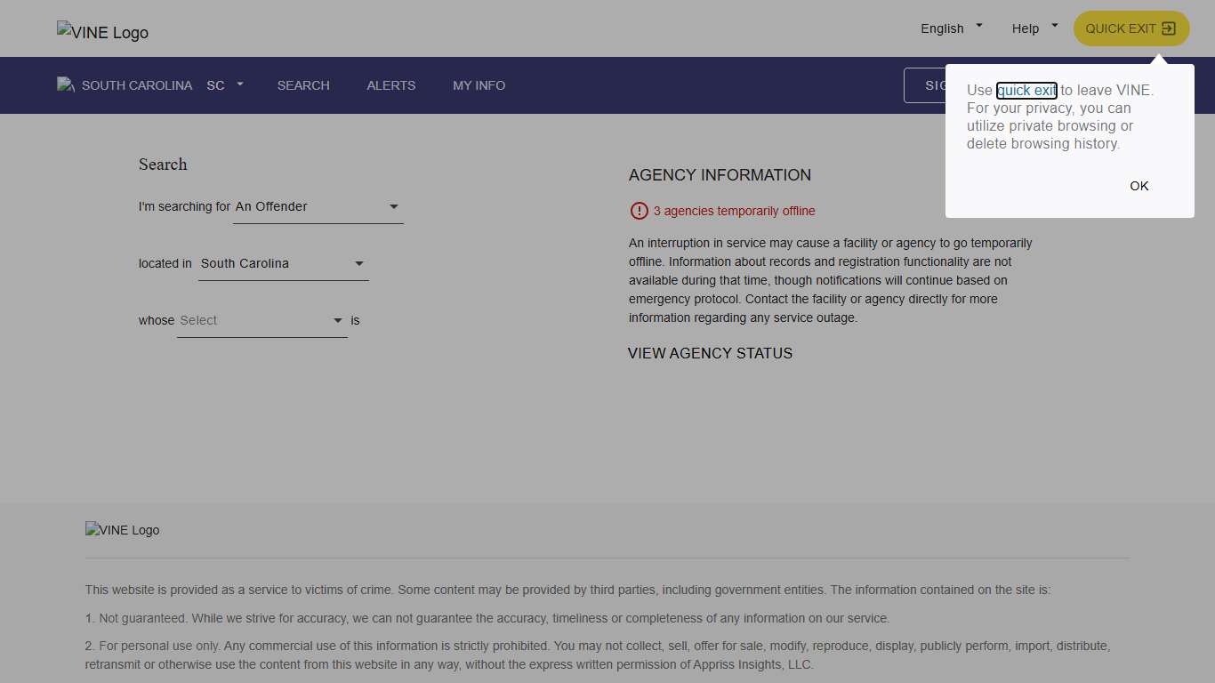 VINELink - South Carolina - Search