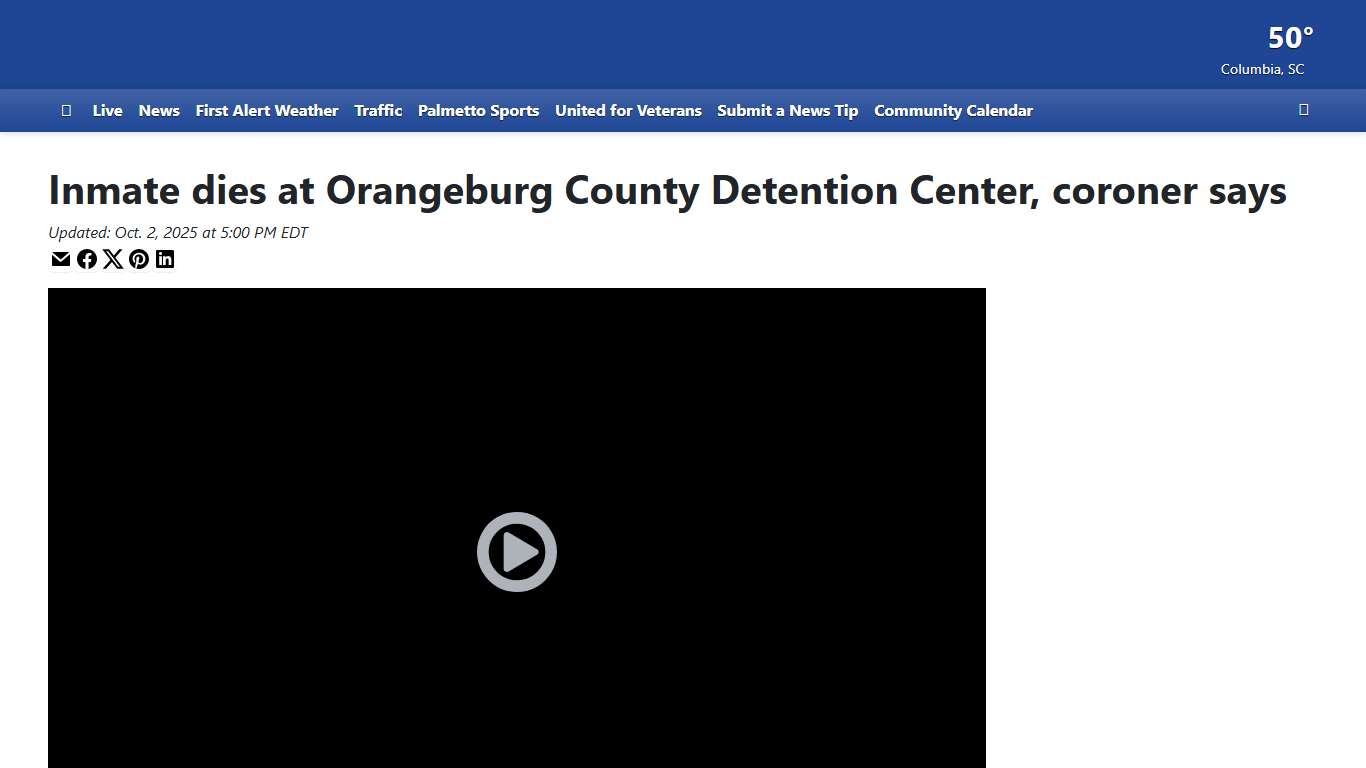 Inmate dies at Orangeburg County Detention Center, coroner says